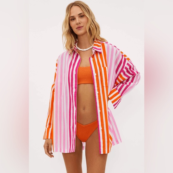 Beach Riot Other - Beach Riot Alexa Stripe Long Sleeve CoverUp Shirt Pink Orange Size S/M